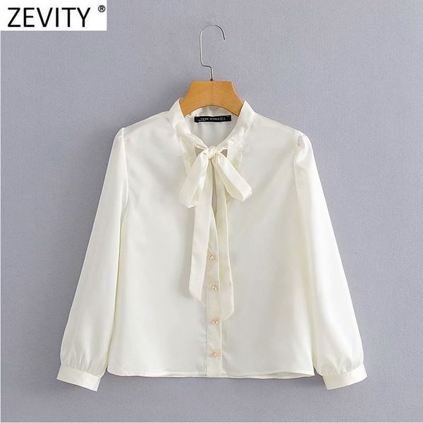 zevity women fashion bow tied collar diamond button casual blouse office ladies business shirt chic chemise ls9275 210419, White